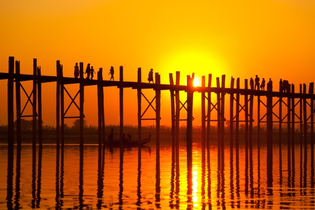 Sunset behind U Bein Bridge, Mandalay