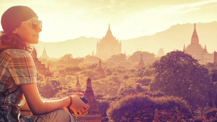 Traveller looking over Bagan temples