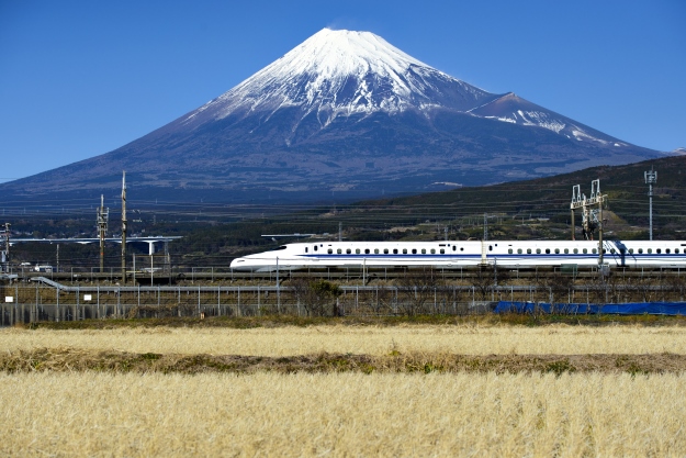 Bullet train in front of Mt Fuji