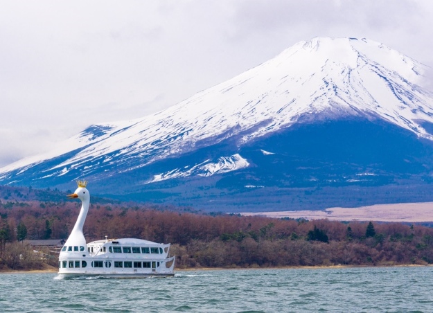 Swan-shaped boat near Mount Fuji