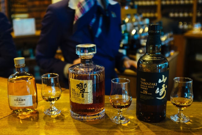 Bottles of whisky at Yamazaki Distillery