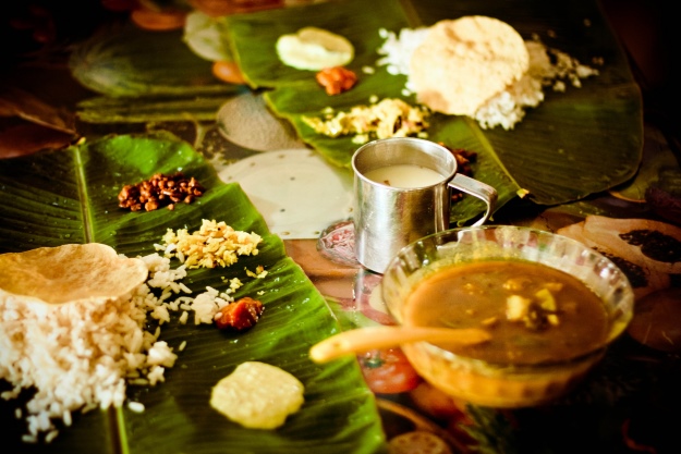 Vegetarian dishes served on banana leaf in Kerala