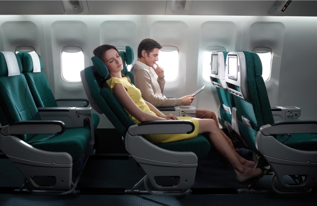 Woman reclining in her seat on a plane