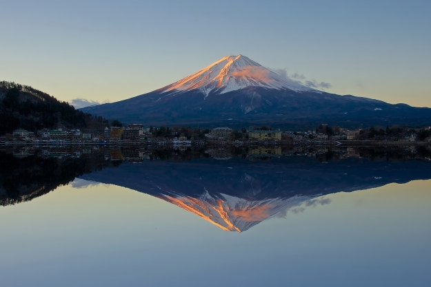 Mt Fuji at sunrise reflected in a lake