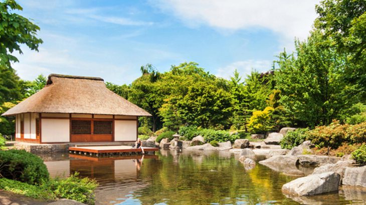 A traditional tea house on a pond, Kyoto