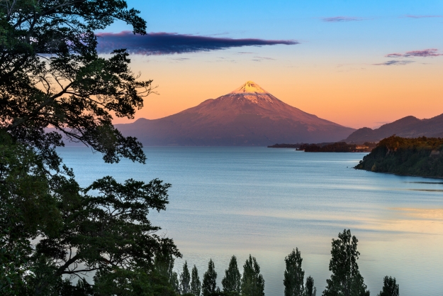 Osorno Volcano and lake at sunrise