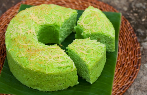 Slices of green pandan chiffon cake