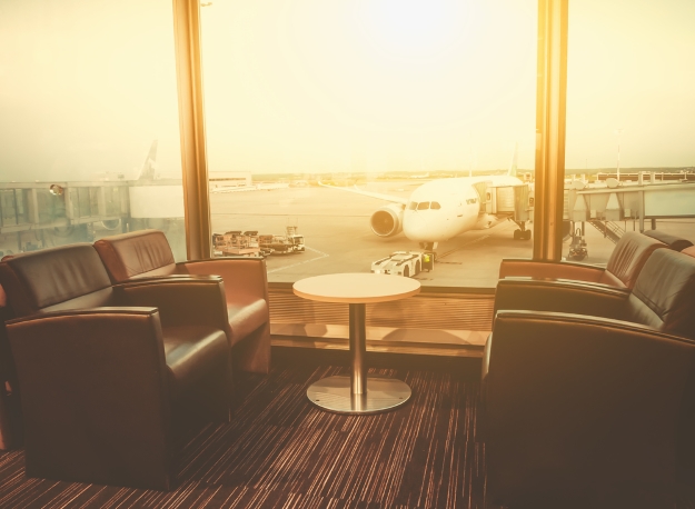 An airport lounge as the sunsets
