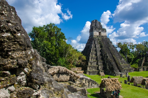 The main plaza at the heart of Tikal in the sunshine