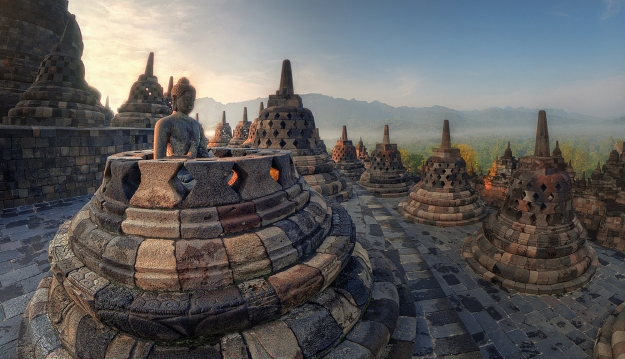 The sun rises over the spectacular temple complex of Borobudur