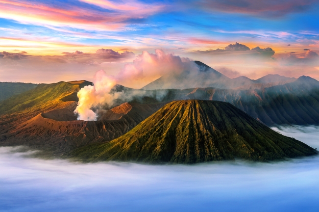 Mt Bromo rising out of the mist at sunrise