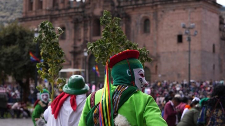 People dressed up in traditional costumes to celebrate the festival of Inti Raymi in Cusco, Peru