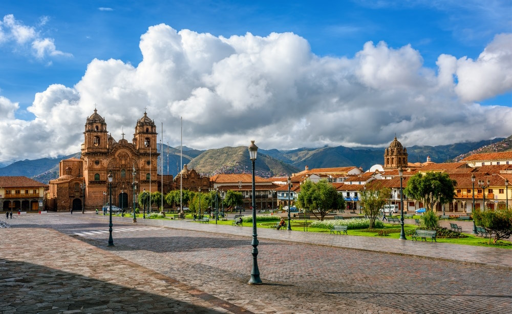 A view across the Plaza de Armas in Cusco, Peru with its grand colonial architecture.
