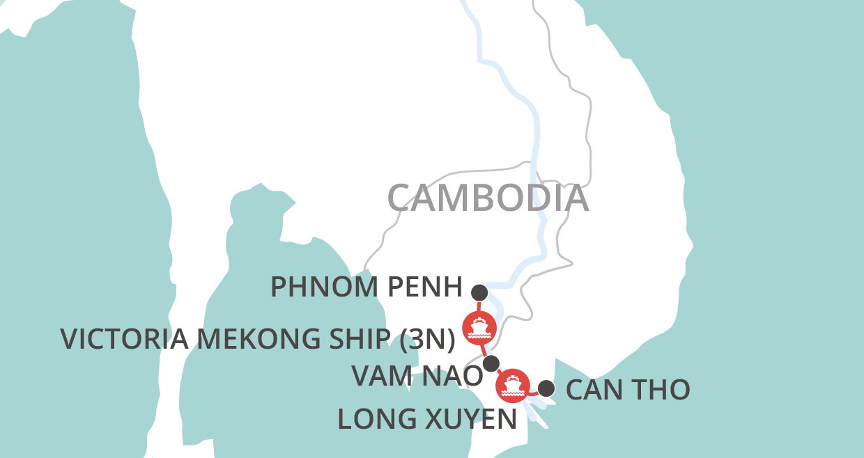 Victoria Mekong Cruise – Phnom Penh to Saigon map