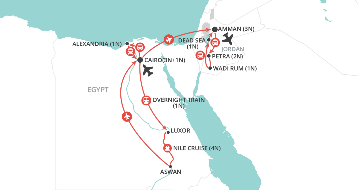 Egypt and Jordan Adventure map