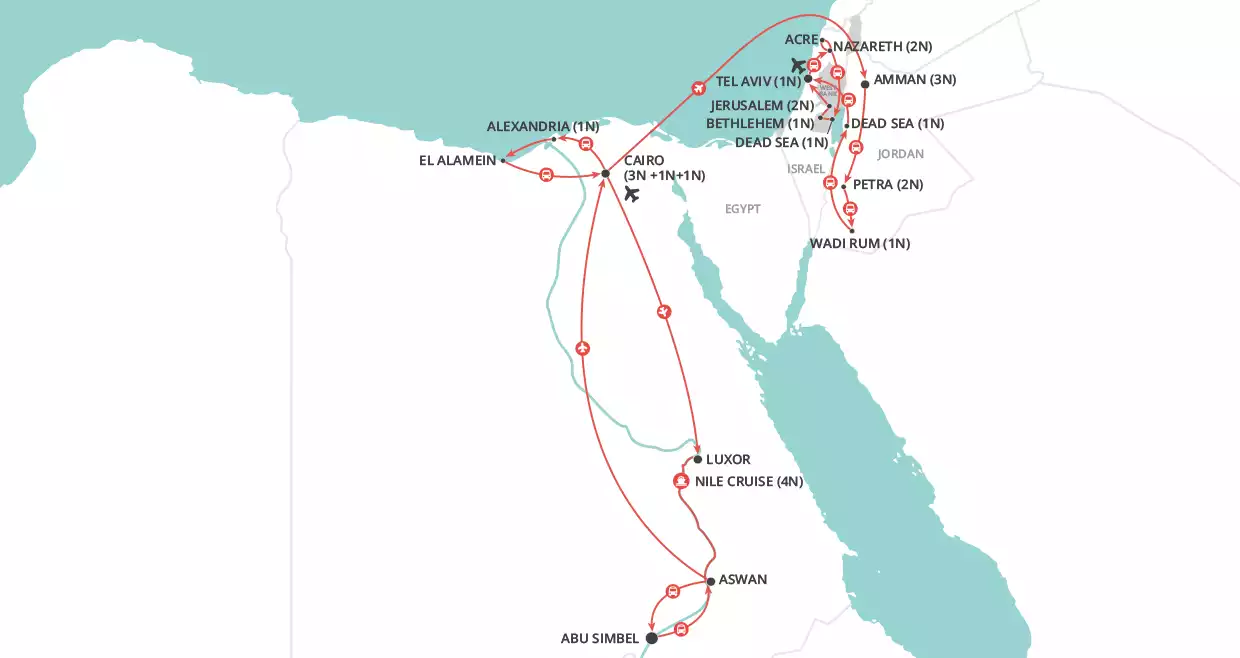 Egypt, Jordan and Israel Explored map