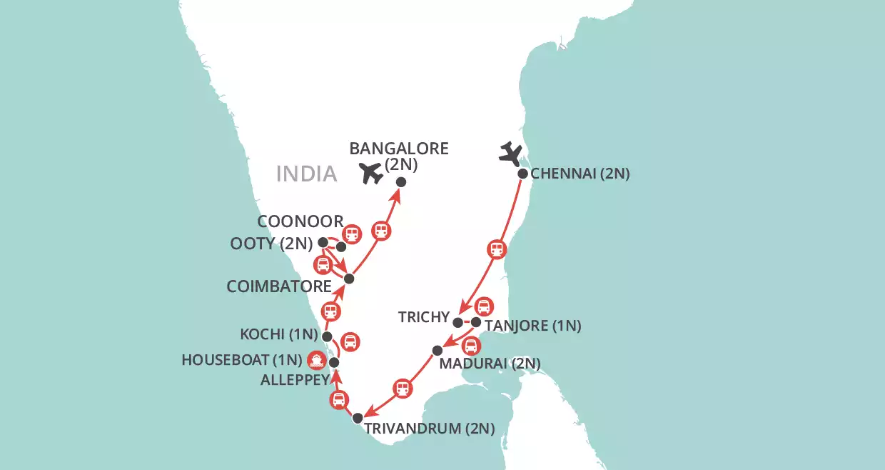 Southern India by Rail map