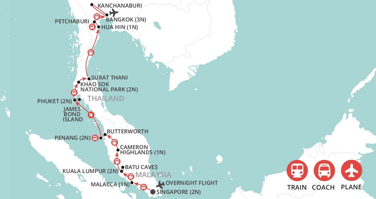 Singapore to Bangkok by Rail map