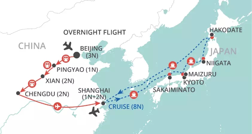 China by Land, Japan by Sea - Cruise Itinerary C map