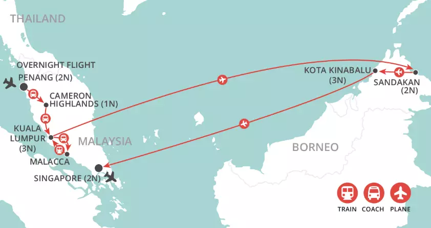 Treasures of Malaysia, Borneo & Singapore map