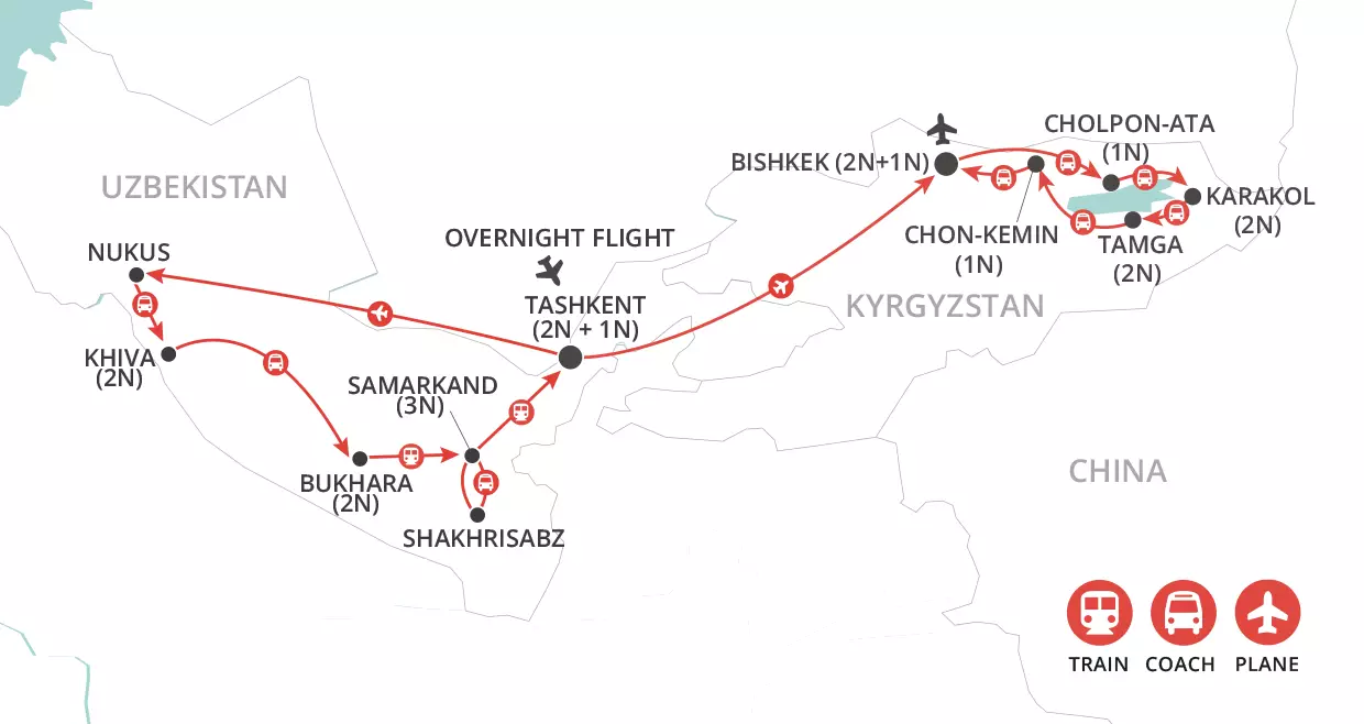 Silk Road Uncovered: Uzbekistan & Kyrgyzstan map