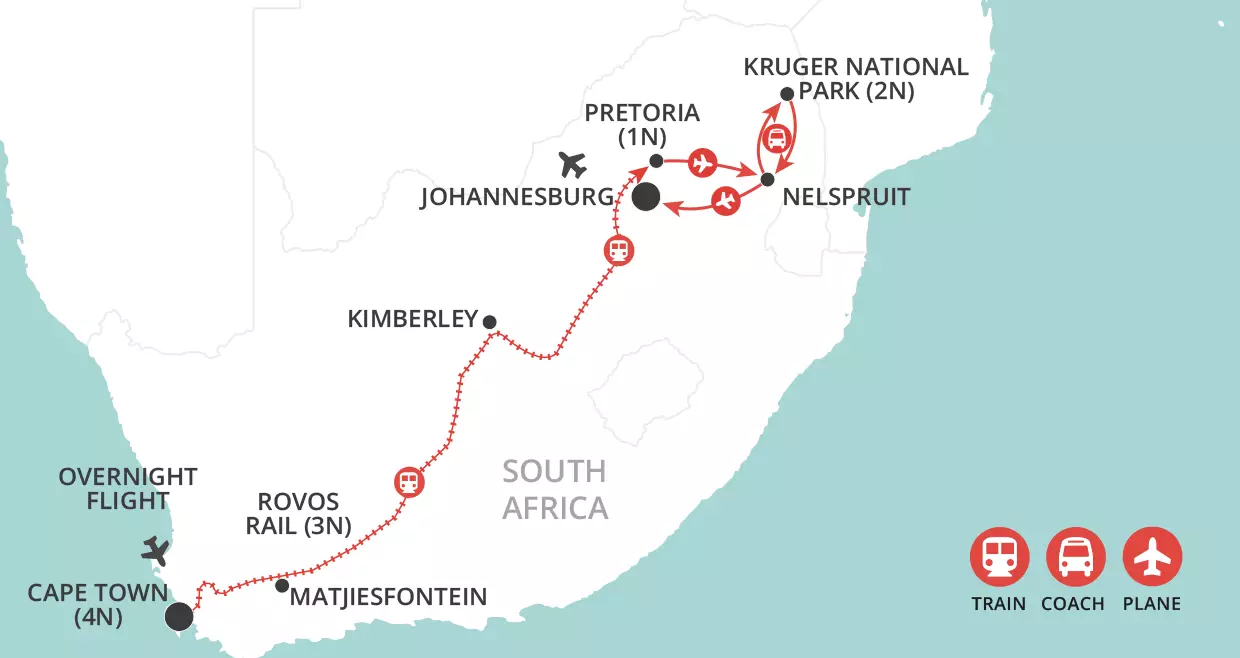 South Africa by Rail & Safari - Private Tour map