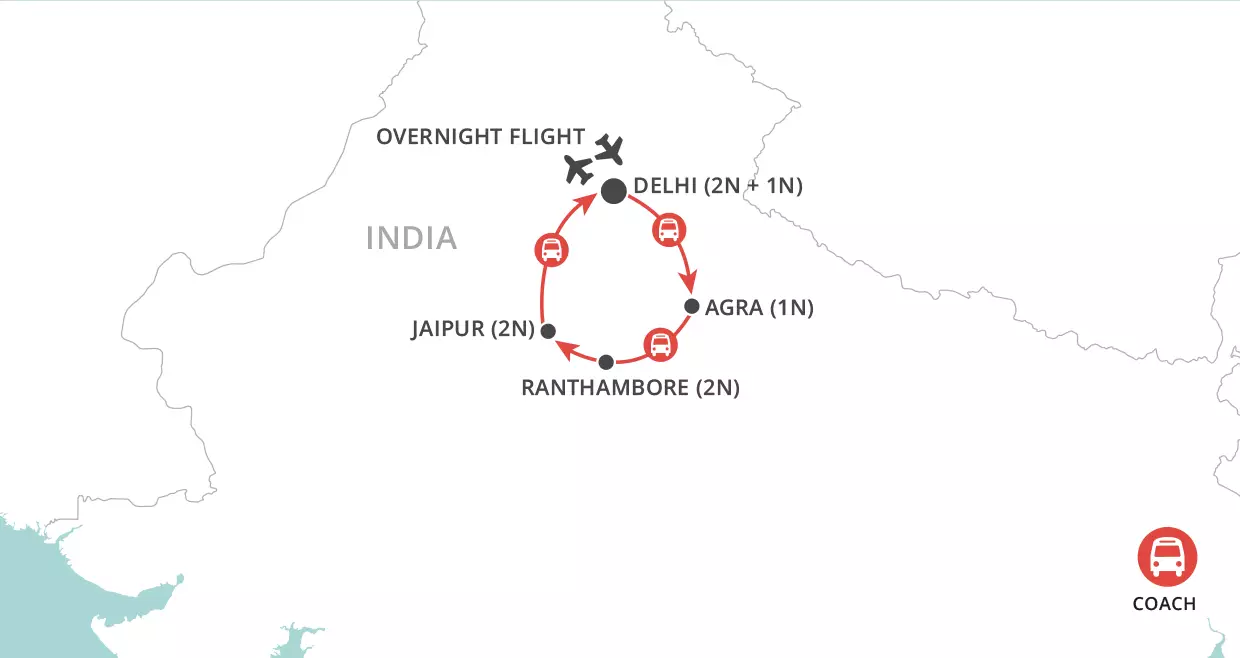 Taj, Temples and Tigers map